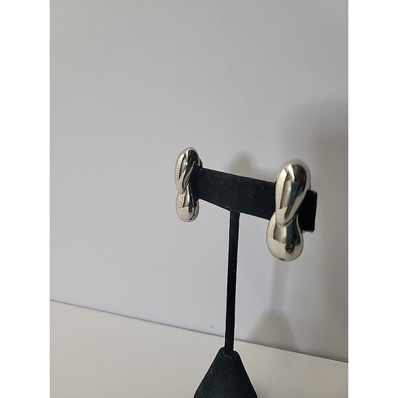 Silver Tone Clip On Earrings Double Teardrop Modern Minimalist High Polish State - Picture 4 of 12